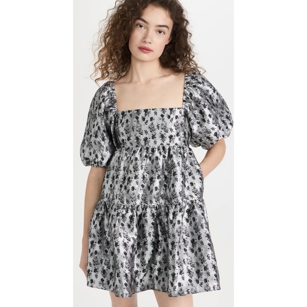 Amanda Uprichard Size XS Maisie Floral Puff Sleeve Mini Dress Brocade Silver